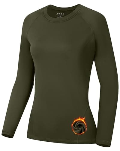 Runhit Thermal Tops Womens Long Sleeve Fleece Lined Compression Shirt Soft Warm Base Layer Moisture Wicking Sports Underwear for Ski, Running Gym Workout Army Green M