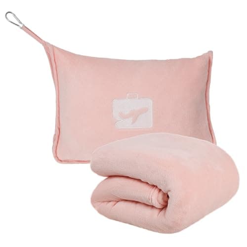 Eyoulife Travel Blanket 127×165cm Soft & Warm Airplane Blanket with Luggage Sleeve & Backpack Clip, Portable Travel Pillow for Airline Business Trip and Office (Pink)