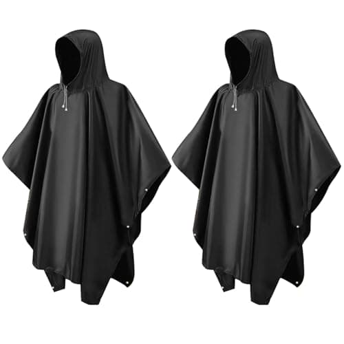 2Pcs Reusable Adult Rain Ponchos, Black Waterproof Poncho Adult, Thick & Wear-Resistant Rain Coat with Drawstring Hood, Portable Rain-Poncho Family Pack for Emergency Outdoors Camping Men Women