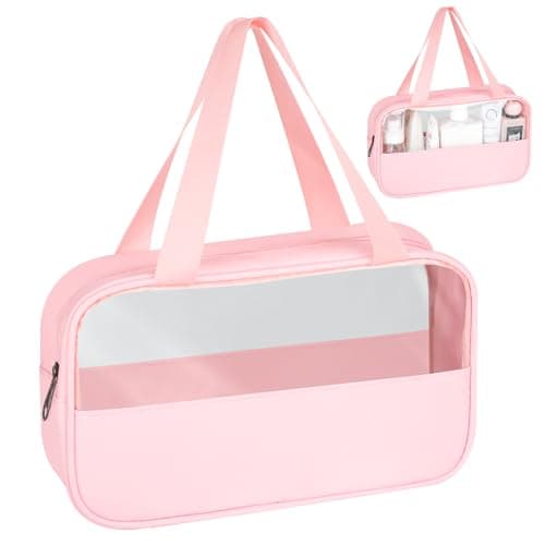 MOXYOY Clear Travel Toiletry Bag,Portable Makeup Bag Cosmetic Wash Bags,with Zippers Travel Essentials,PVC+PU Hanging Transparent Waterproof Bag,Vacation Bathroom Organizer,for Women and Men (Pink)