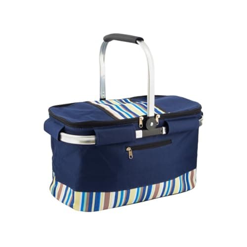 HOMESHOPA 35 Litre Insulated Picnic Basket With Lid, Blue Multi Stripe Foldable Thermal Cooler Bag Hard Liner, Upright Standing Box for Outdoor Camping, Travel, Portable & Collapsible Shopping Hamper