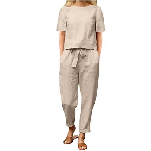 Two Piece Outfits Women Summer Tracksuits Linen Lounge Wear Sets Ladies Co Ords Round Neck Short Sleeve Tops and Trousers 2 Piece Jogger Outfit Casual Suit Vacation Travel Outfits Holiday Clothes