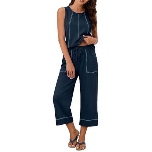 Slxbear Petite Co Ord Sets for Women Summer Casual 2 Piece Outfits Crew Neck Sleeveless Tank Top Drawstring Capri Pants Loose Fit Lounge Set Going Out Outfit Travel Vacation Streetwear L