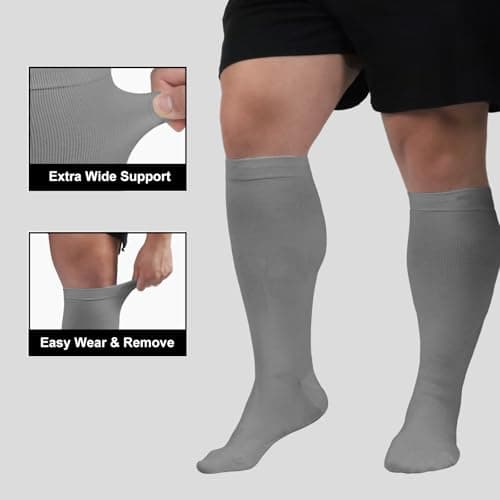 HYCOPROT Plus Size Compression Socks For Women Men Wide Calf Graduated Medical Support Stocking Knee High Pressure Sock Varicose Vein Swollen Legs Pregnancy Travel Flight 20-30 mmHg 1 Pairs Grey 6XL — view 4