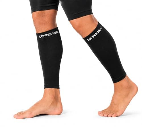COPPER HEAL Calf Copper Compression Sleeves (Pair) Sport Muscle Strains Shin Splints Leg Socks Guard Running Marathon Soccer Rugby Tennis Golf Maternity Flight Gym Work