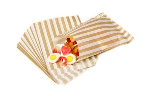 Bag It Plastics Candy Stripe Paper Sweet Bags | Gold | 5" x 7" / 125x175mm | Pack of 100 | Multipurpose Use for Sweets, Popcorn, Wedding Favours, Pick and Mix & Cookies!