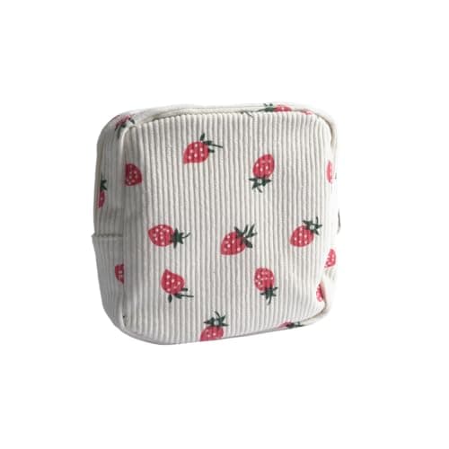 Small Makeup Bag for Purse, Cute Strawberry Beige Cosmetic Pouch, Mini Travel Toiletry Organizer with Zipper, Aesthetic Portable Storage for Women Girls Handbag Essentials