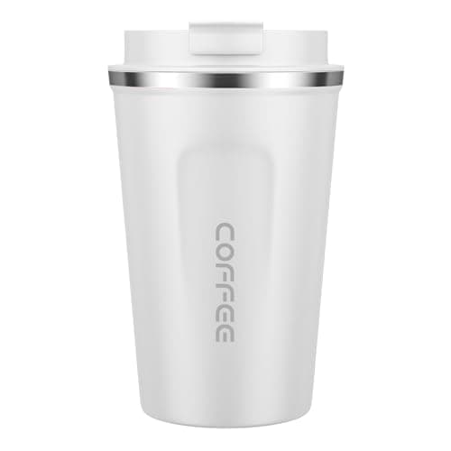 MOMSIV White Coffee Cup, Vacuum Reusable Leakproof Double Wall Coffee Cup, Insulation Stainless Steel Eco-Friendly Travel Office Mug for Hot Coffee Tea and Cold Drinks, 13oz/380ml