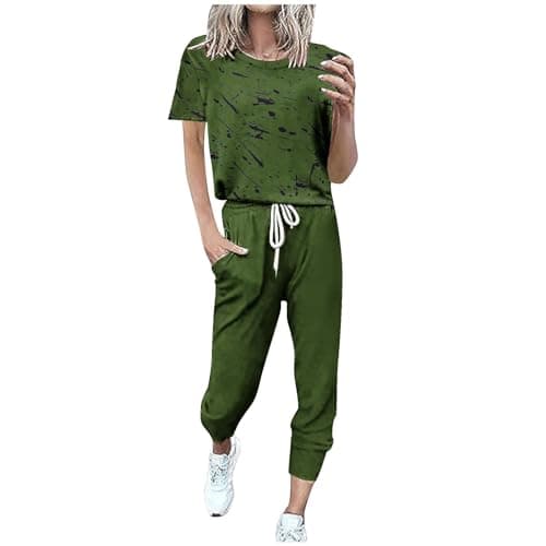 Womens 2 Piece Travel Outfit Gym Tracksuit Set Summer Lounge Outfit Set Sweatsuits Printed Short Sleeve Tops High Waist Wide Leg Drawstring Joggers Pocket Sweatpant Casual Loose Holiday Dailywear 6-16