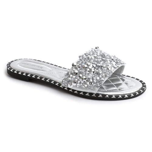 Fashion Thirsty Womens Ladies Flat Low Heel Diamante Sandals Slip On Party Wedding Bling Sliders Slides Beach Pool Holiday Travel Sandals