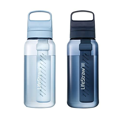 LifeStraw Go Series - BPA-free water bottle for travel and daily use removes bacteria, parasites and microplastics, improves taste, 1L 2 pack; Icelandic Blue and Aegean Sea