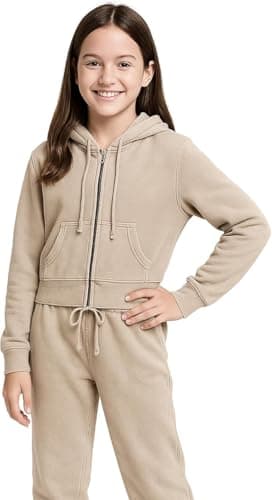 DELLMOOR Girl’s 2 Piece Tracksuits Teenagers Two Piece Terry Cotton Activewear Long Sleeve Outfit Zipped Fleece Hoodie and Jogging Bottom Set for Girls, Beige, 13-14 Years — view 6