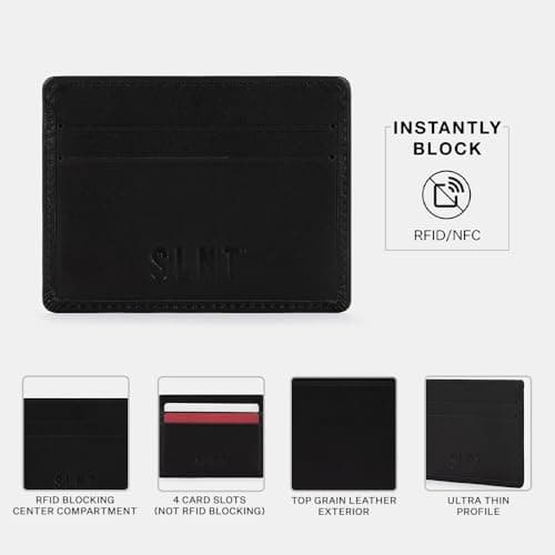 SLNT Napa Top Grain Leather RFID & NFC Signal Blocking Simple Card Wallet - Contains 4 Credit Card Slots and 1 Center Pocket - Clean, Sleek, Stylish Design - Slim and Lightweight Profile (Black) — view 3
