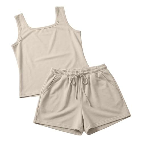 Co Ord Sets for Women Trousers Khaki Summer 2-Piece Sleeveless Tracksuit Casual Tank Top and Elastic Waist Shorts Set with Side Pockets for Loungewear Outdoor Activities UK 12 — view 5