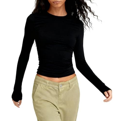 OYIWINMI Womens Long Sleeve Basic Tops Crew Neck Thermal Shirts Stretch Fitted Underscrubs Layer Tee Black XXS-L — view 3
