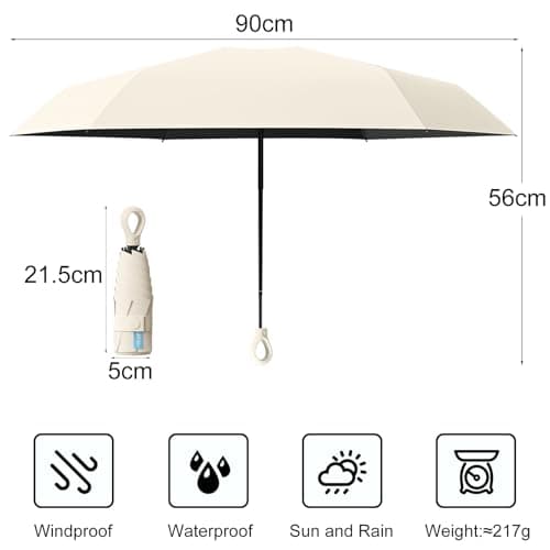 HCQC Mini Sun Umbrella with Ring Handle – UPF 50+ UV Protection 99.9%, Compact Travel Umbrella for Purse & Backpack, Lightweight Small Portable, Rain & Sun for Women Men Kids (Beige) — view 2
