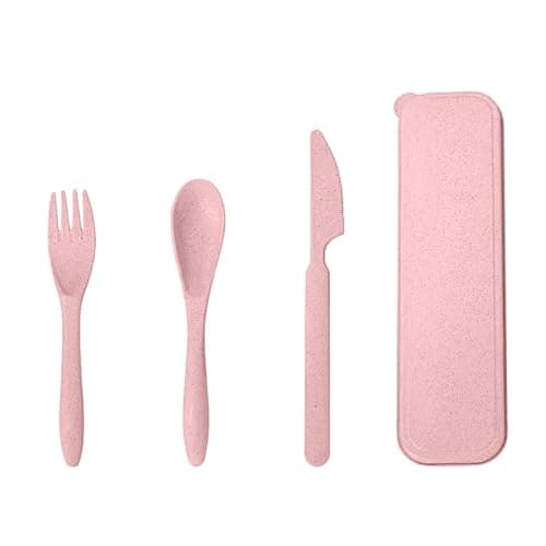 FUZVOL Cutlery Set Reusable Knife Fork Spoon Set with Case Portable Travel Utensils Eco-Friendly Flatware Set 3PCS Service for Outdoor Picnic Camping Pink