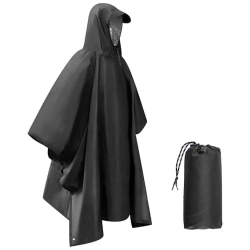 Dr.Fish Waterproof Rain Poncho for Adults, Lightweight Hooded Rain Coat Jacket with Pockets, Breathable Ripstop Rainwear for Hiking Camping Cycling, Packable with Storage Bag Black-Sliver
