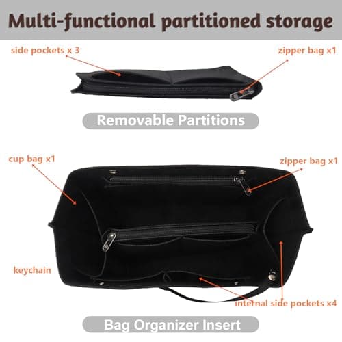 AIYJWXINP Bag Insert Organizer, Handbag Organiser Insert, Multi-Pocket Felt Handbag Organizer With Zipper for Insert Wallet Organizer, Folding Tote Bag Organizer Insert for Longchamp (black, L) — view 6