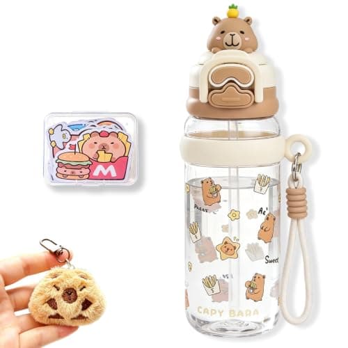 3 PCS SET Capybara Water Bottle, with Cup, Sticker and Pendant, 600 ml, White Plastic Construction, School Hydration Bottle, Outdoor Sports Companion, Capybara Enthusiast Gift, Travel Drinking Cup