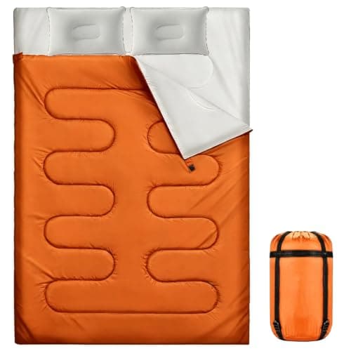 Sleeping Bag, Double Sleeping Bag with 2 Pillows Extra Large 3-4 Season Lightweight, Waterproof Indoor & Outdoor Use for Adults for Hiking, Backpacking and Camping Travel (Orange Double)