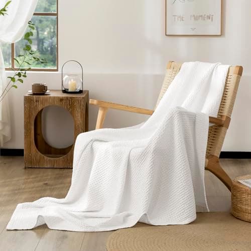 CHUFFED 100% Cotton Waffle Blanket Bed Throw Single Size-Throw Blanket for Bed Sofa Travel-Soft Lightweight Breathable Blankets and Throws for All Season Bleached White Throw 130x150cm — view 5