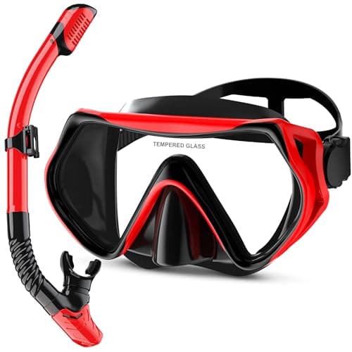 MELUMILU Snorkel Set, Snorkel Mask 180° Panoramic Wide View, Anti-Fog Scuba Diving Gear, Professional Swim Goggles for Free Breathing, Swim, Diving, (Black Red)