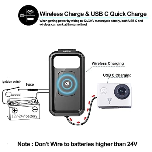 iMESTOU Waterproof IP67 Motorcycle Phone Mount Wireless/USB C Charger (L) — view 3