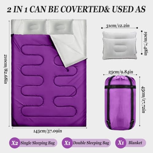 Sleeping Bag, 3-4 Season Double Sleeping Bag with 2 Pillows Camping Travel, Extra Large Lightweight Waterproof Indoor & Outdoor Use for Adults for Hiking, Backpacking and Camping (Purple Double) — view 2