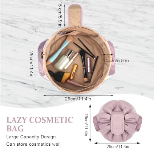 URAQT Large-Capacity Travel Cosmetic Pouch, Portable Quick Pack Lazy Drawstring Make Up Bag for Daily Use, Magic Cosmetic Bag with Small Pocket for Women (Pink) — view 4
