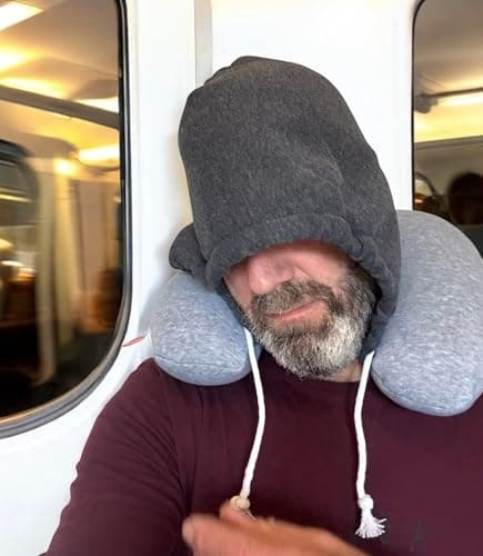 2-in-1 Hooded Travel Neck Pillow, Memory Foam U-Shaped Cushion with Hood, Grey and Dark Grey — view 5