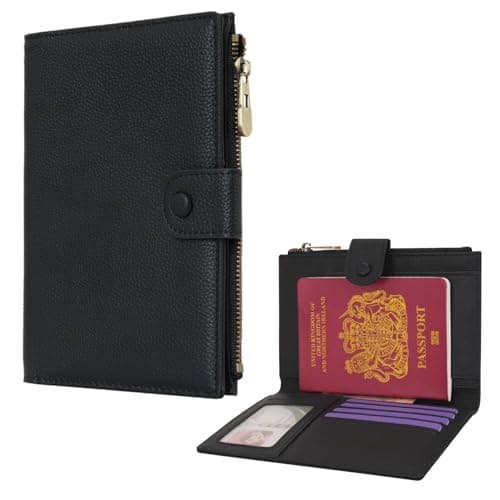 WASON Leather Passport Cover Travel Wallet RFID Blocking – Passport Holder Slot with Zipper Pocket for lD, Boarding Pass,Ticket, Cash, SD Card, Travel Essentials for Men and Women (Black)