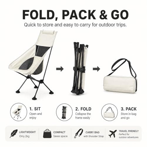 GOOGO High Back Camping Chair, Folding Camping Chair with Side Pocket, 80 x 41 x 87 cm, 150 kg Capacity, 600D Oxford Portable Outdoor Chair for Garden, Beach, Fishing and Picnic (White) — view 4