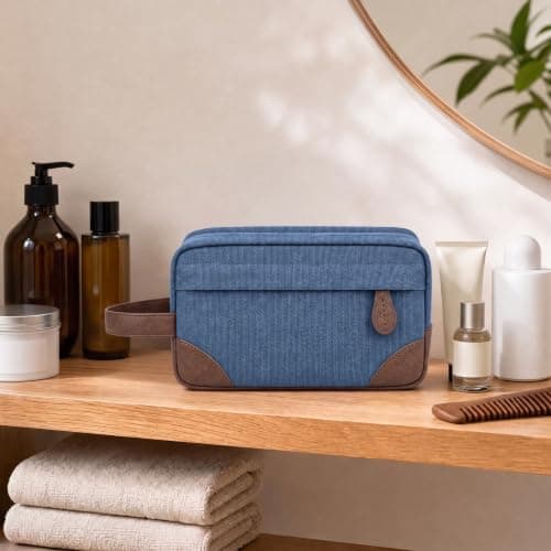 Vintage Canvas Toiletry Bag for Men, Water-Resistant Travel Wash Bag with Multiple Compartments, Portable Shaving Dopp Kit and Makeup Organizer for Holiday Essentials, Blue — view 3