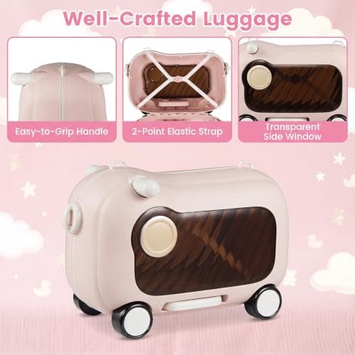 COSTWAY Kids Ride-on Luggage, 2-in-1 Children Suitcase (Pink+Brown) — view 6