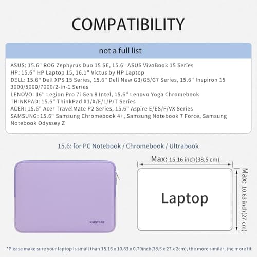 RAINYEAR 15.6 Inch Laptop Sleeve Carrying Bag, Purple — view 5