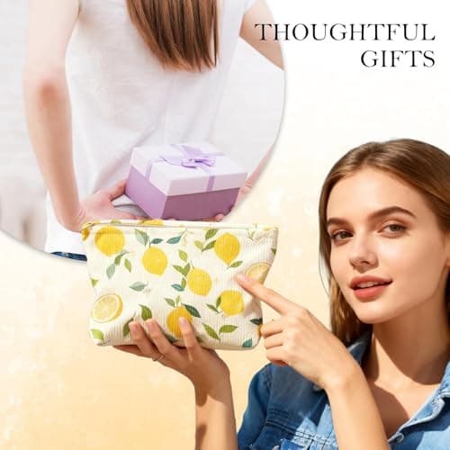 Colorful Lemon Print Corduroy Makeup Bag 10"x7" – Lightweight Zipper Cosmetic Pouch, Soft Microfiber Travel Toiletry Organizer for Women and Girls — view 5