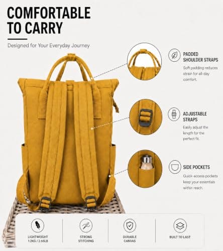 Water Resistant Roll Top Laptop Backpack for Women Medium Capacity Travel Backpack Casual School College Work Commuter Daypack Lightweight Durable Bookbag with Multiple Pockets (Yellow, Medium) — view 6