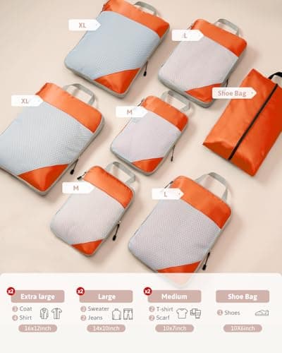 Meowoo 7 Set Compression Packing Cubes for Travel, Durable Ripstop Mesh Suitcase Organizer with Shoe Bag, Ultralight & Expandable Space Saver Travel Cubes, Orange, 7 PCS — view 2