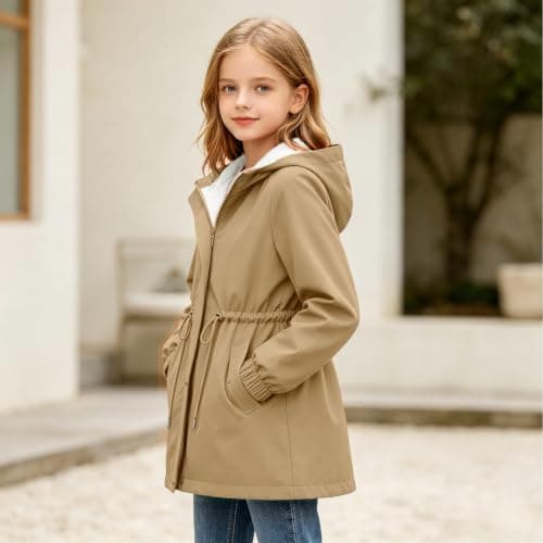 Khaki Girls Waterproof Jacket Windproof Hooded Raincoat Outdoor 13 Years — view 2