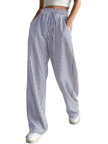 Women's Casual Striped Pants Drawstring Elastic Waist Straight Wide Leg Trousers with Pockets Casual Lightweight Comfortable Dress Work Palazzo Pants Loose Outdoor Holiday Travel Slacks Blue Small