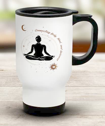 Shopagift Meditation Yoga Travel Mug Connecting Body Mind & Universe Stainless Steel 14oz Cup — view 2