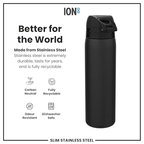 Ion8 Lightweight Steel Water Bottle, 600 ml/20 oz, Non-Insulated, Leak Proof, Easy to Open, Secure Lock, Dishwasher Safe, Flip Cover, Fits Cup Holders, Carry Handle, Metal Water Bottle, Black — view 5