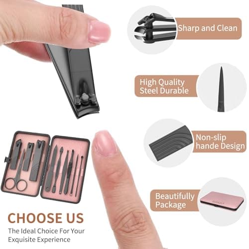 ZIZZON Travel Mini Manicure Set Nail Clipper Set 10 in 1 Stainless Steel Pedicure Care Grooming kit with Case (Black/Pink) — view 2