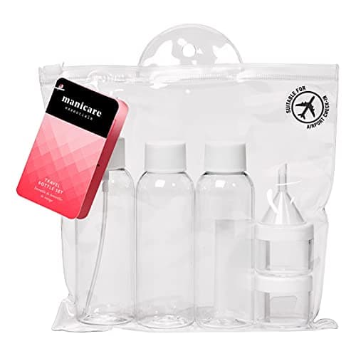Manicare Travel Bottles, Leak Proof Refillable Set, Clear Containers And Bottles For Liquids, Gels And Creams, Shampoo, Cleanser, Shower Gels, Transparant Zip Bag, For Holiday And Business Travel
