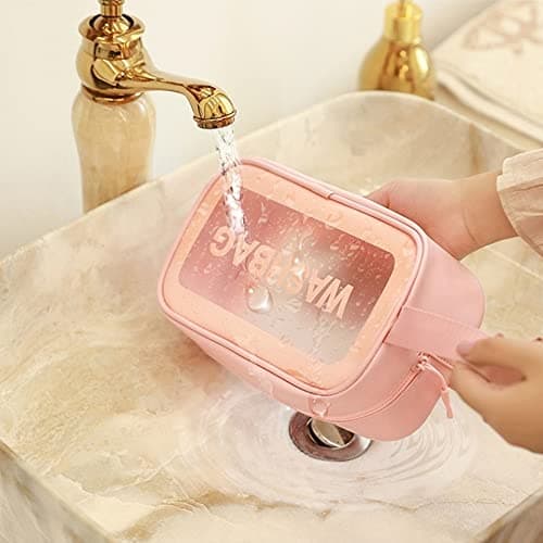 Clear Toiletry Bag, Clear Makeup Bags Waterproof Travel Toiletry Bag PVC Traveling Accessories Organizer Wash Bag Portable for Women Men (M-Pink) — view 2