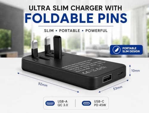45W USB C Charger, Ultra Slim USB C PD & USB A QC 3.0 Fast Charger, Dual Port Folding UK Plug Power Adapter, Portable Wall Charger for iPhone, for i-Pads,for Samsang & Android Phones — view 2