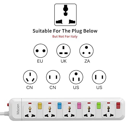 Mscien 5 Way Extension Lead with Switches, Travel Overload Protector Power Strip UK To USA with 1.8M Extension Cord — view 3