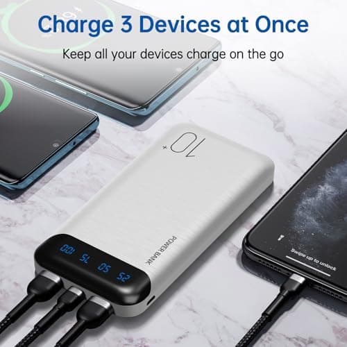 Portable Charger 10000mAh Slim USB C Input and Output Power Bank with LED Display Lightweight External Battery Pack Compatible for iPhone 14/13/12, iPad, Samsung etc. (white) — view 3