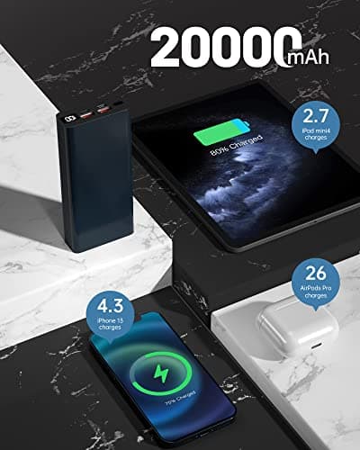 Power Bank 20000mAh, Super Quick Charge Portable Charger, USB C 3 Outputs [Alloy] Durable Battery Pack for iPhone 15 14 13 12 Huawei Samsung Galaxy Android iPads Tablet (Blue) — view 5